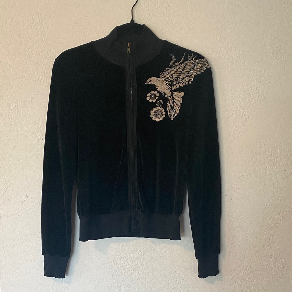 Skinny Minnie Y2K Black Velour Jacket with Dove and Flower Print